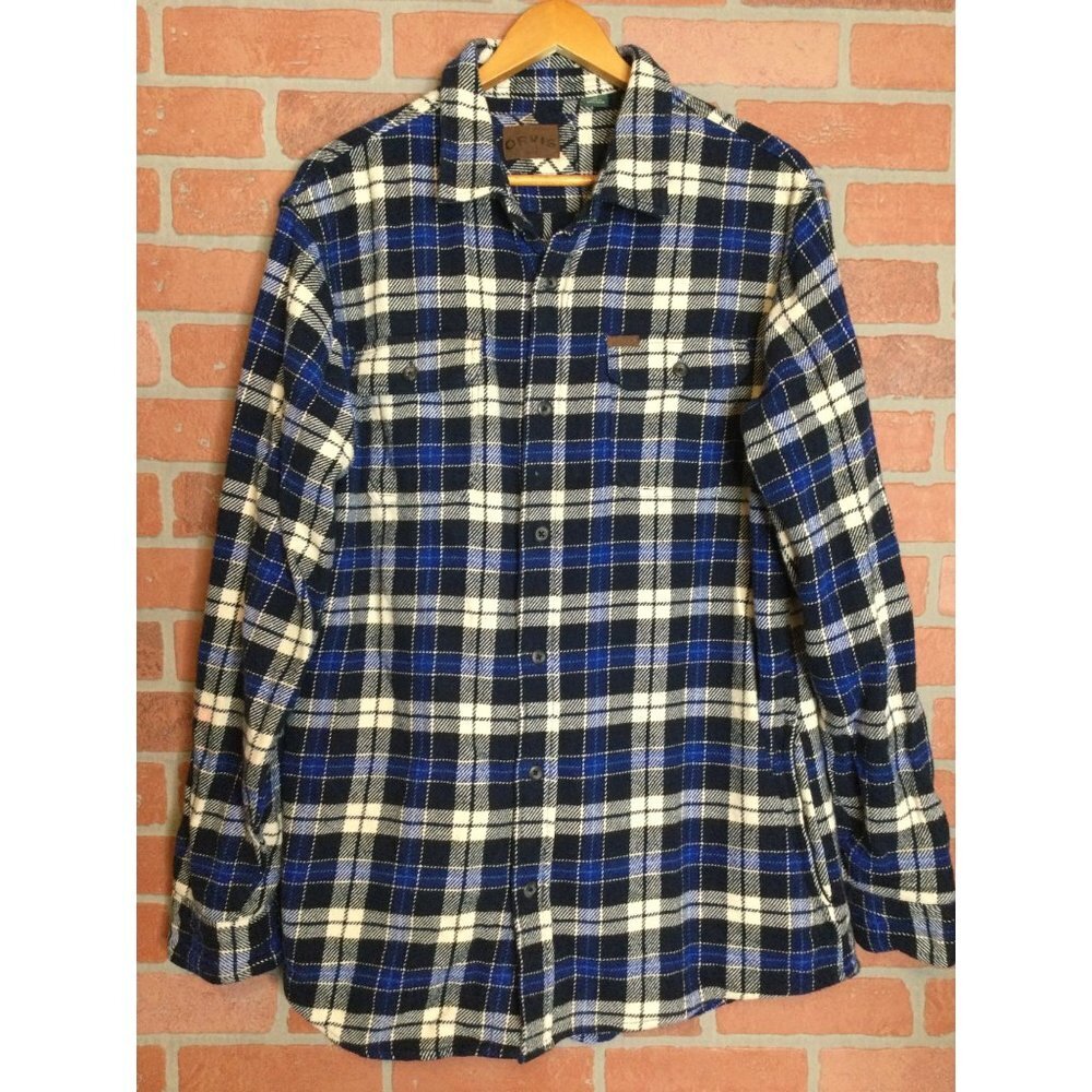 Orvis Mens Plaid Button Up Flannel Shirt Shacket Pockets Long Sleeve Blue Size L